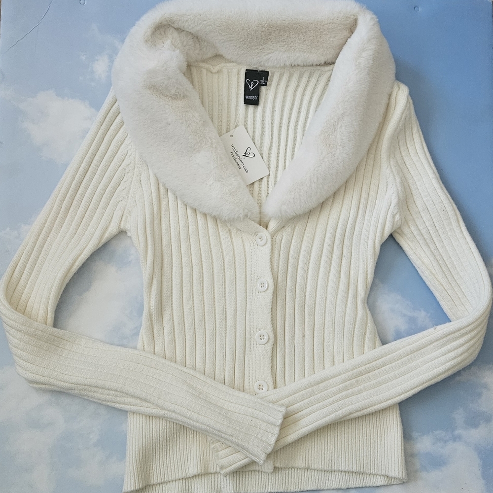 Ivory Fur Collar Ribbed Sweater Cardigan Button Down Fur Collar Top Fall Winter